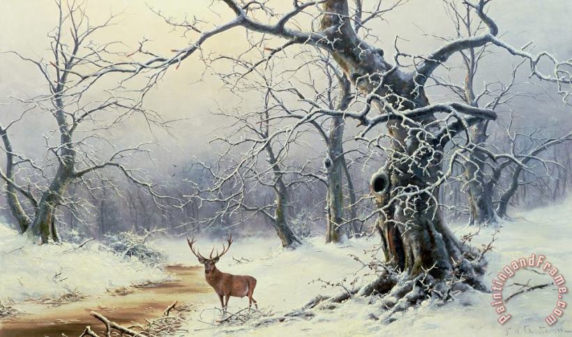  A Stag in a Wooded Landscape painting - Nils Hans Christiansen  A Stag in a Wooded Landscape Art Print