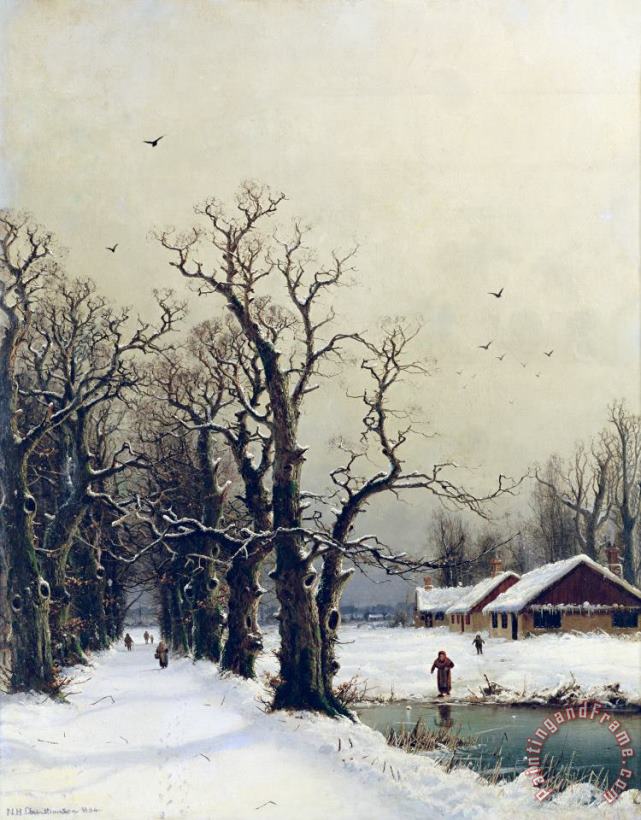 Winter scene painting - Nils Hans Christiansen Winter scene Art Print