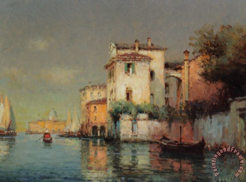 Noel Bouvard Venetian Canal Scene with Fishing Boats And Gondolas Art Painting