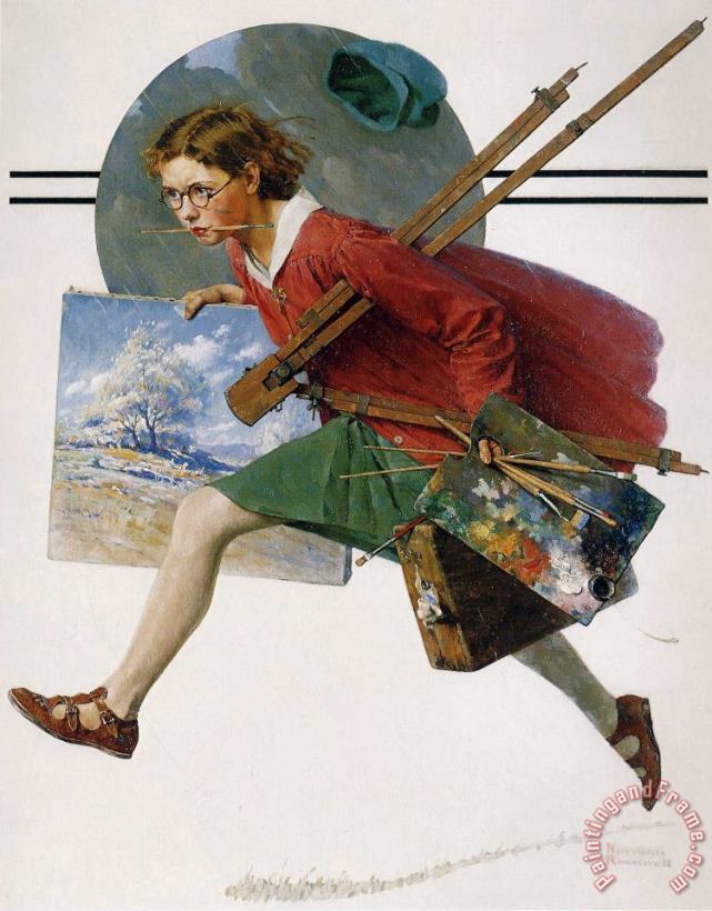 Girl Running with Wet Canvas painting - Norman Rockwell Girl Running with Wet Canvas Art Print