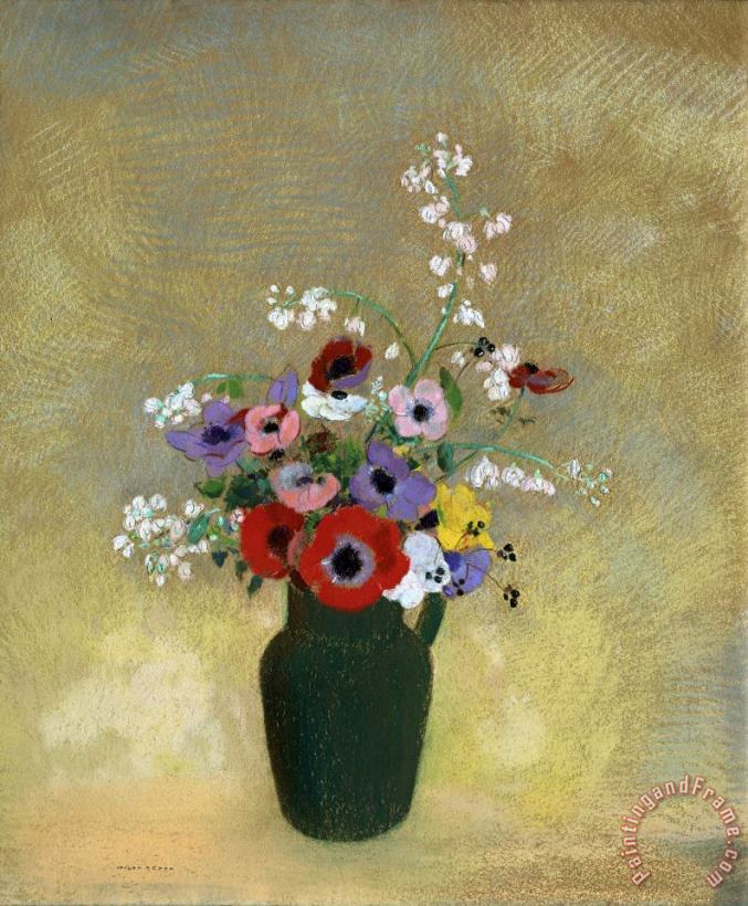 Odilon Redon Large Green Vase with Mixed Flowers Art Painting