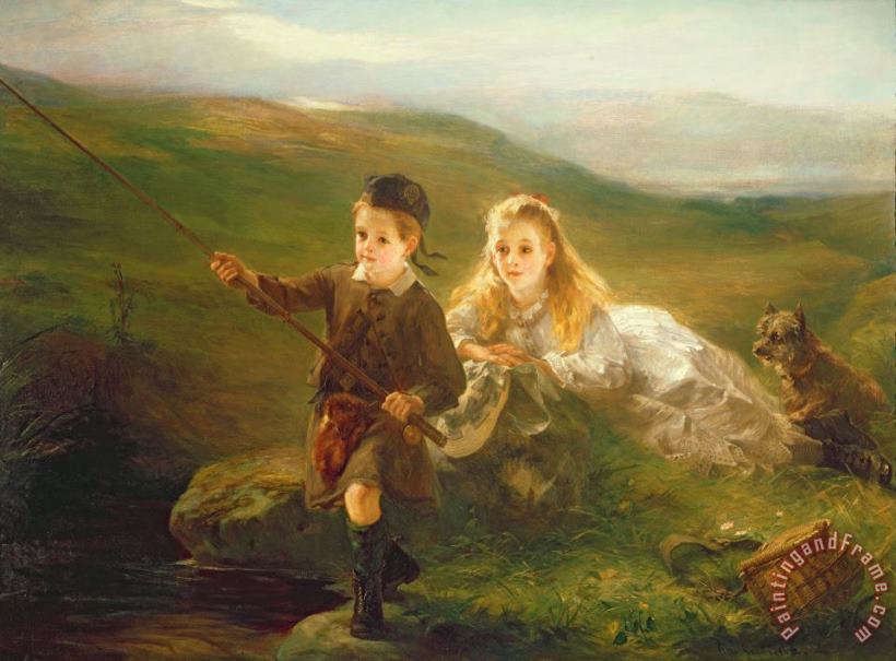 Two Children Fishing in Scotland painting - Otto Leyde Two Children Fishing in Scotland Art Print