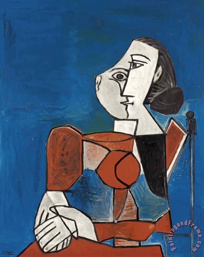 Femme Assise En Costume Rouge Sur Fond Bleu painting - Pablo Picasso Femme Assise En Costume Rouge Sur Fond Bleu Art Print