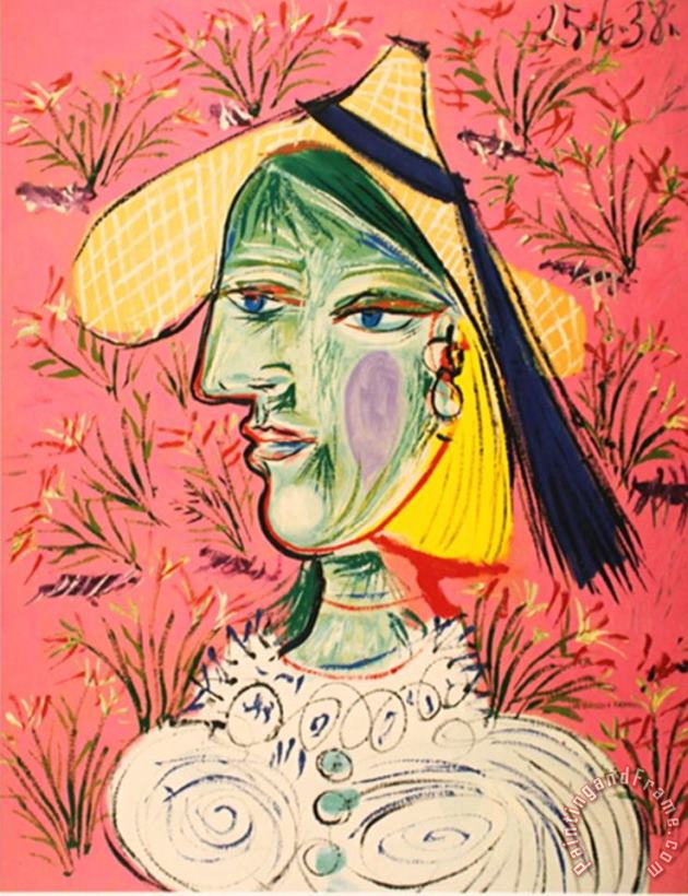 Pablo Picasso Femme Au Chapeau De Paille Sur Fond Fleuri Art Print