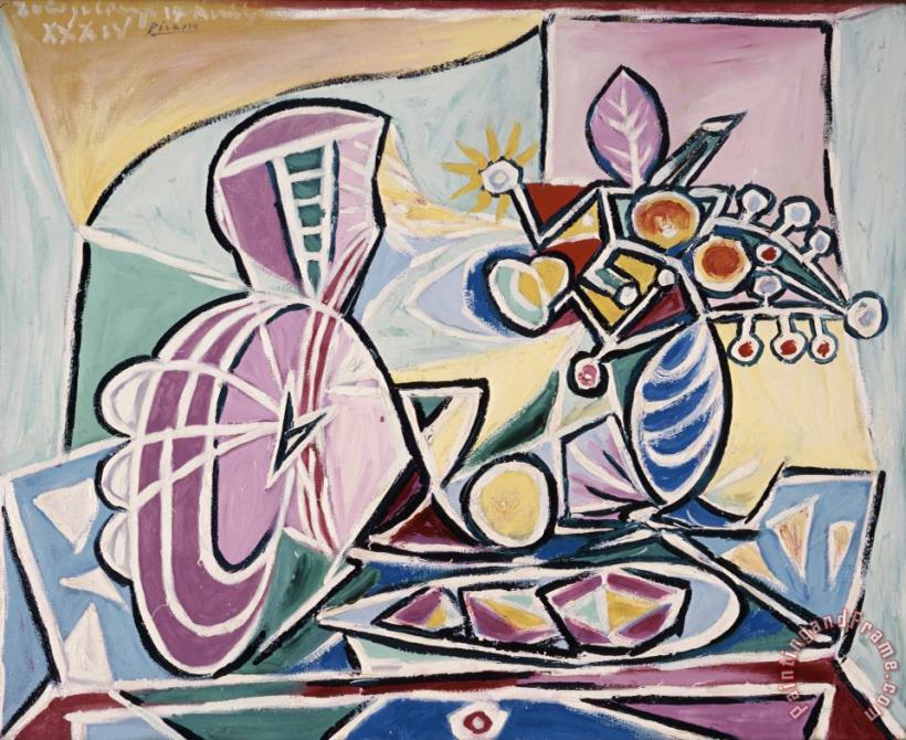 Pablo Picasso Mandolin And Vase of Flowers Art Print