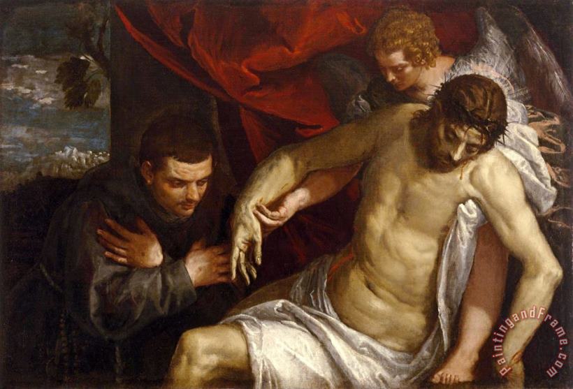 The Dead Christ Supported by an Angel And Adored by a Franciscan painting - Paolo Caliari Veronese The Dead Christ Supported by an Angel And Adored by a Franciscan Art Print