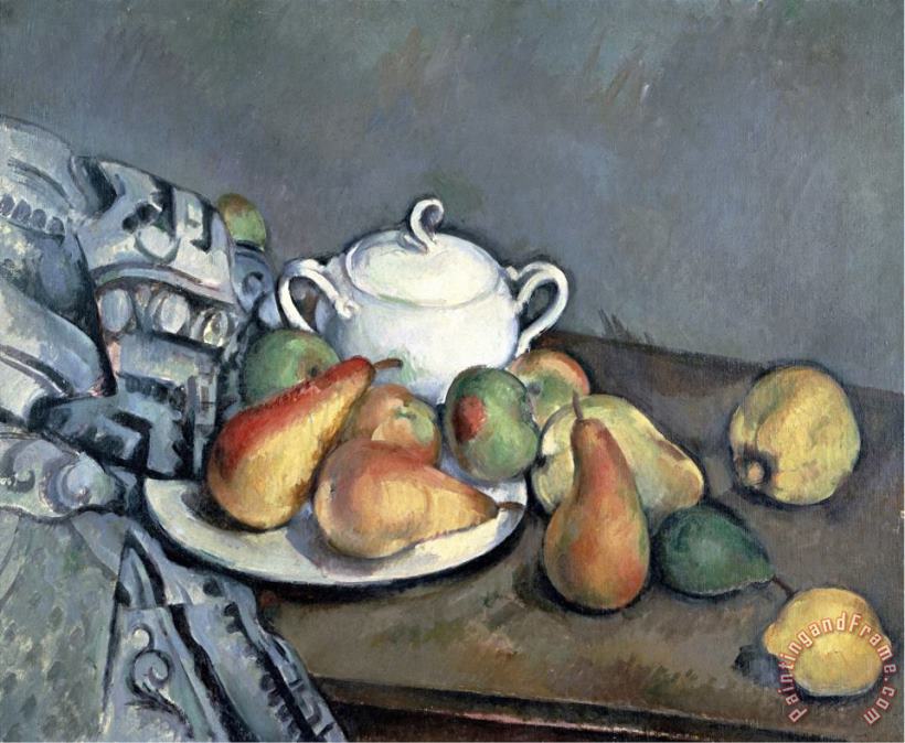 Sugar Bowl Pears And Carpet painting - Paul Cezanne Sugar Bowl Pears And Carpet Art Print
