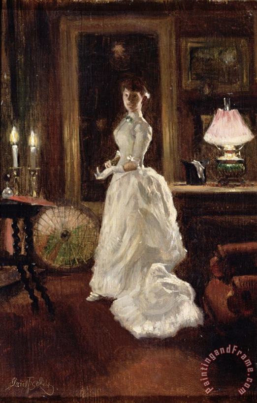 Paul Fischer  Interior scene with a lady in a white evening dress Art Painting