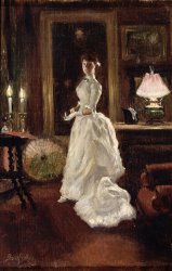 Paul Fischer  Interior scene with a lady in a white evening dress