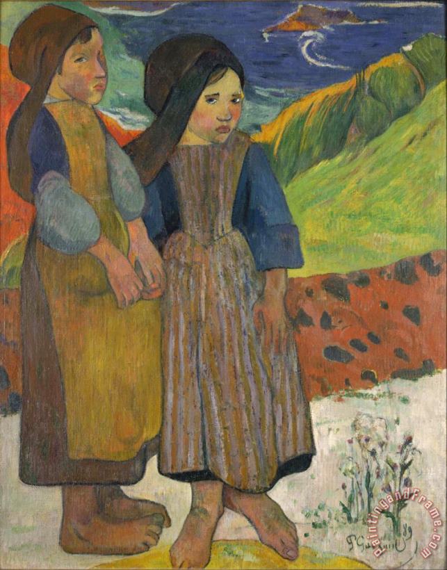 Two Breton Girls by The Sea painting - Paul Gauguin Two Breton Girls by The Sea Art Print