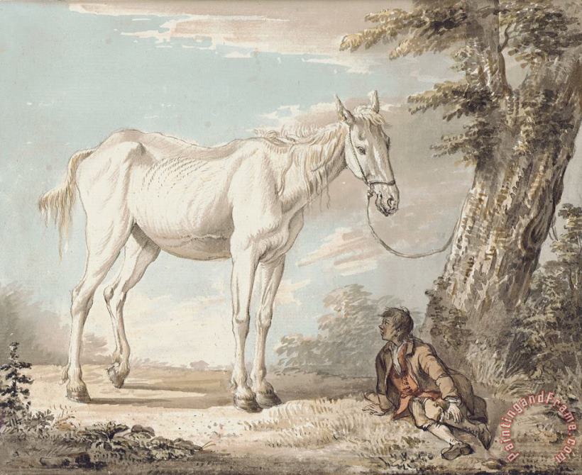 An Old Grey Horse Tethered To A Tree A Boy Resting Nearby painting - Paul Sandby An Old Grey Horse Tethered To A Tree A Boy Resting Nearby Art Print