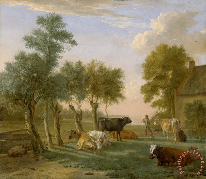 Paulus Potter Cows in a Meadow Near a Farm Art Painting