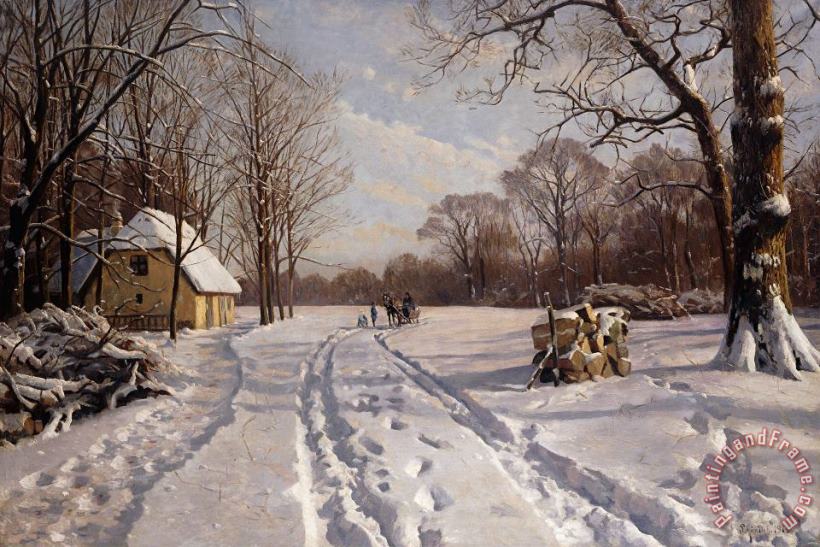 Peder Monsted A Sleigh Ride Through A Winter Landscape Art Print