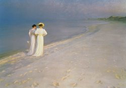 Peder Severin Kroyer Summer Evening on the Skagen Southern Beach with Anna Ancher and Marie Kroyer