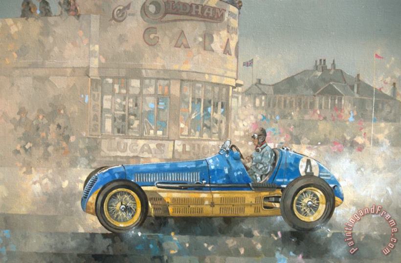 Blue and Yellow Maserati of Bira painting - Peter Miller Blue and Yellow Maserati of Bira Art Print