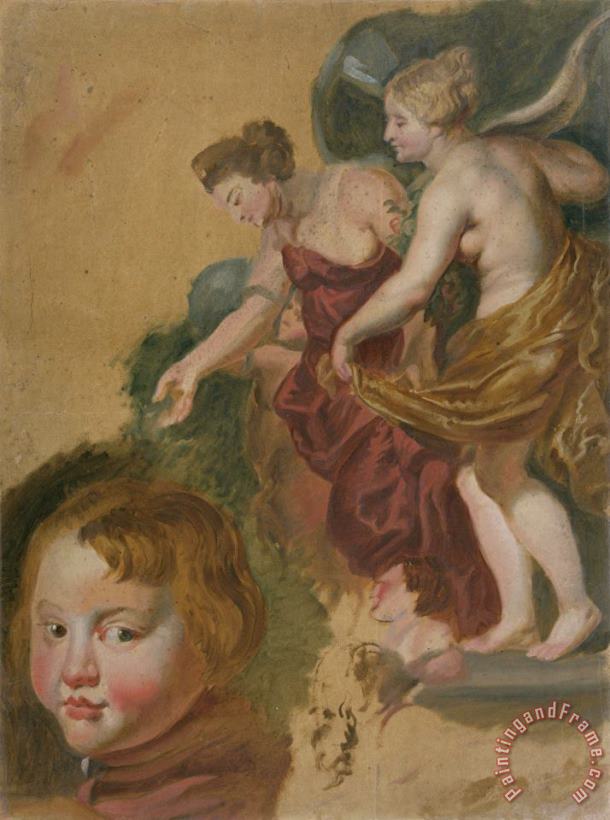 Peter Paul Rubens Studieblad Met Maria Dei Medici's Gelukkige Regering, Een Jongenskopje En Twee Manskoppen. Art Print