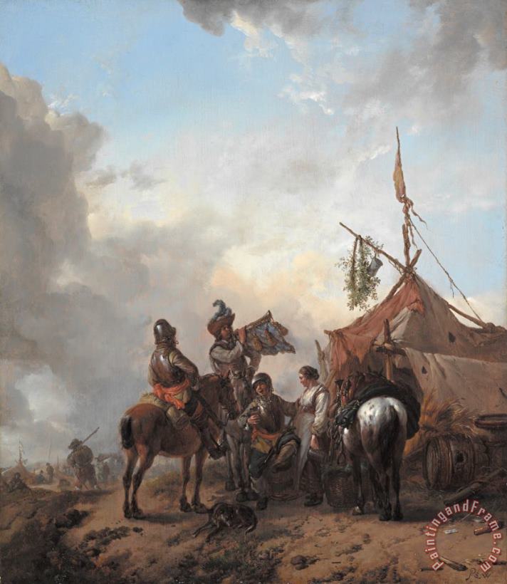Philips Wouwerman Soldiers carousing with a serving woman outside a tent Art Print