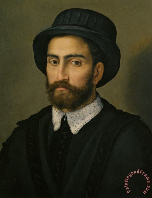 Portrait of a Man Bust Length Wearing a Black Coat And Hat painting - Pier Francesco Di Jacopo Foschi Portrait of a Man Bust Length Wearing a Black Coat And Hat Art Print