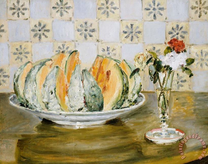 Still Life Of A Melon And A Vase Of Flowers painting - Pierre Auguste Renoir Still Life Of A Melon And A Vase Of Flowers Art Print