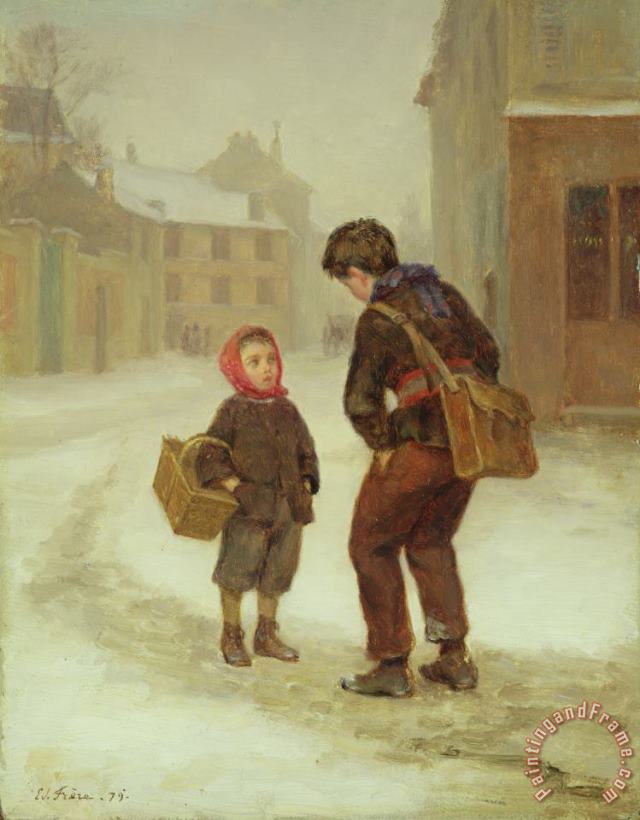 On the way to school in the snow painting - Pierre Edouard Frere On the way to school in the snow Art Print