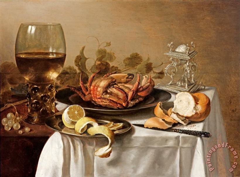 A Still Life with a Roemer, a Crab And a Peeled Lemon painting - Pieter Claesz A Still Life with a Roemer, a Crab And a Peeled Lemon Art Print