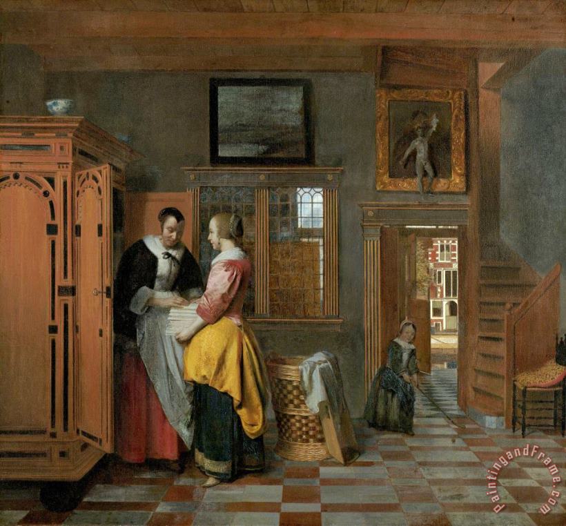 Pieter de Hooch Interior with Women Beside a Linen Cupboard Art Print