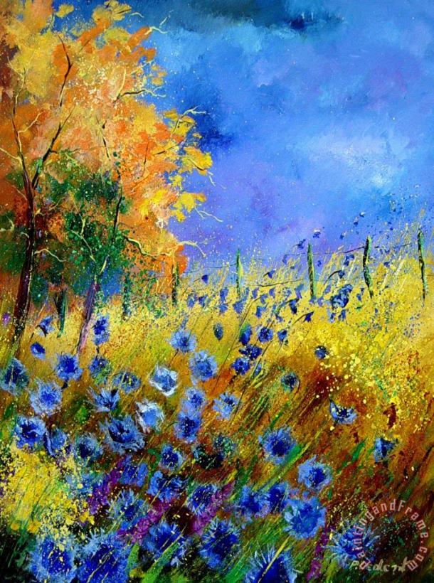 Orange tree and blue cornflowers painting - Pol Ledent Orange tree and blue cornflowers Art Print