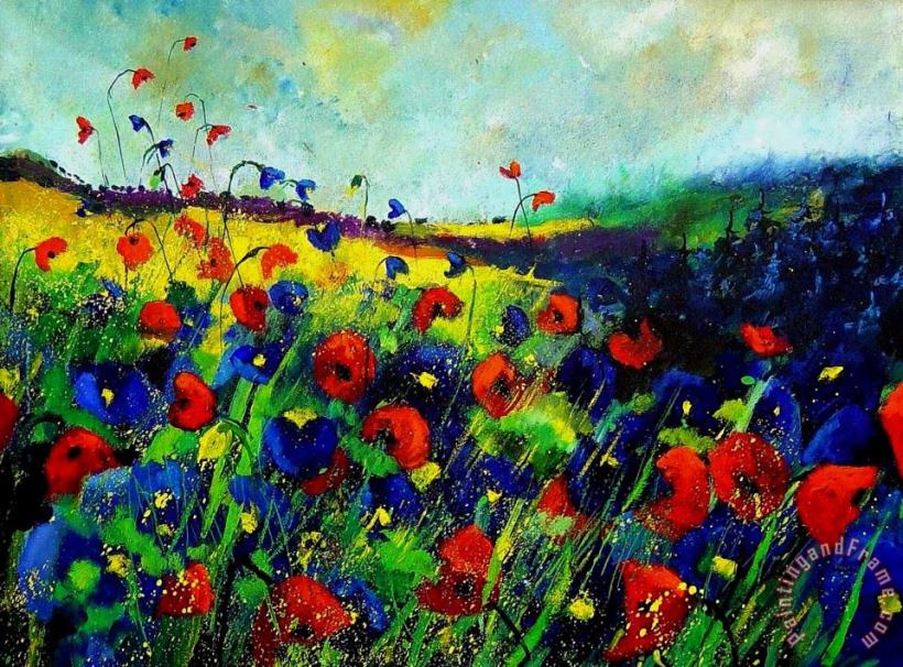 Reda nd blue poppies 68 painting - Pol Ledent Reda nd blue poppies 68 Art Print