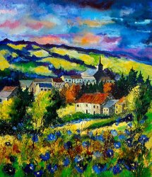 Pol Ledent Village and blue poppies