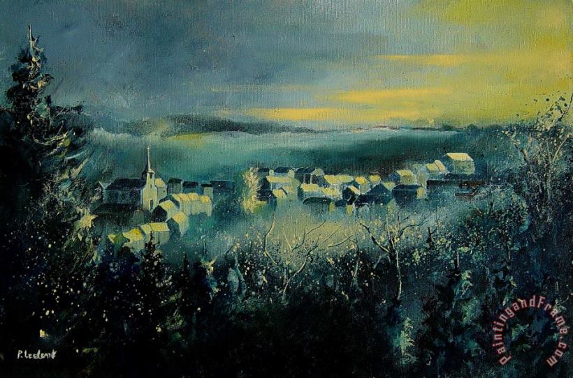 Village in a misty morning painting - Pol Ledent Village in a misty morning Art Print