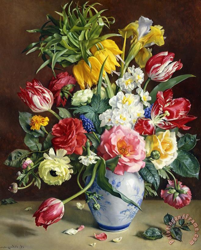 R Klausner Flowers In A Blue And White Vase Art Painting