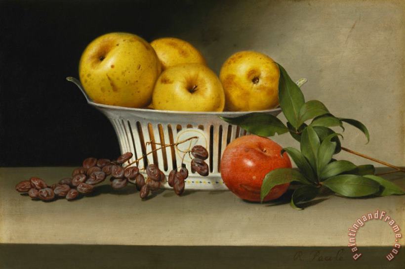 Still Life with Raisins, Yellow And Red Apples in Porcelain Basket painting - Raphaelle Peale Still Life with Raisins, Yellow And Red Apples in Porcelain Basket Art Print