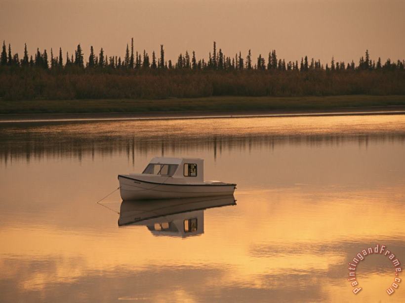 Raymond Gehman An Anchored Boat Floats on The Mackenzie River at Sunset Art Painting