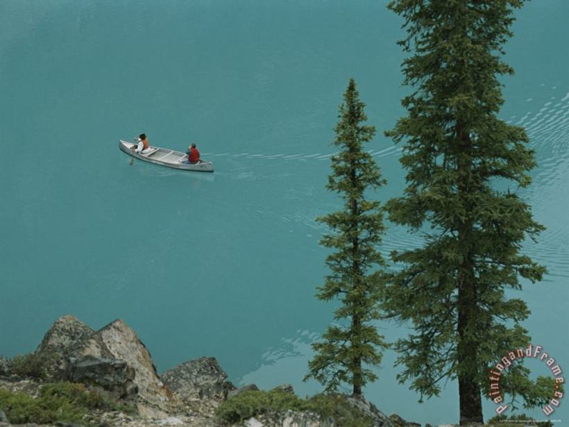 Canoeists on Moraine Lake painting - Raymond Gehman Canoeists on Moraine Lake Art Print
