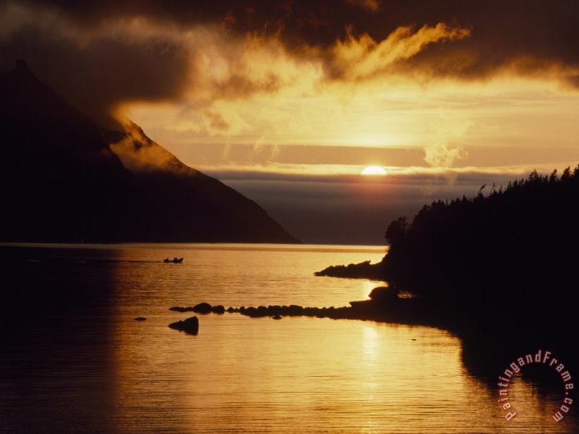 Raymond Gehman Cloud Filtered Sunset Silhouettes a Boat on The Sheltered Waters of Bonne Bay Art Print
