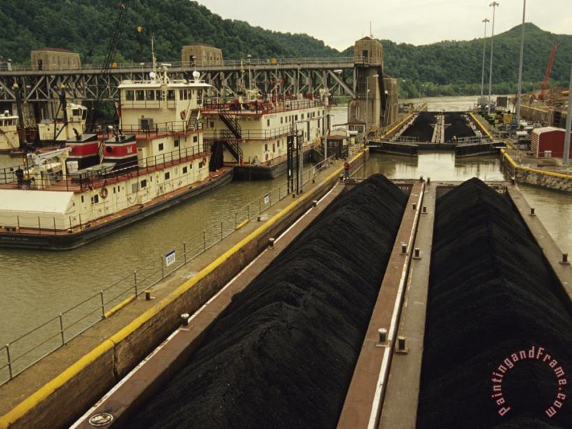 Coal Barge Entering a Lock System on The Kanawha River painting - Raymond Gehman Coal Barge Entering a Lock System on The Kanawha River Art Print