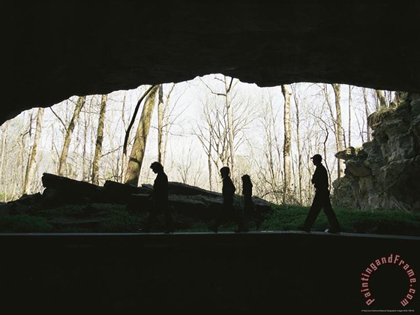Raymond Gehman Family of Hikers Silhouetted in Front of a Cave Entrance Art Painting