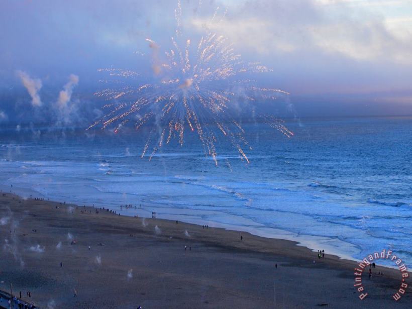 Fireworks Over Ocean Beach in San Francisco painting - Raymond Gehman Fireworks Over Ocean Beach in San Francisco Art Print