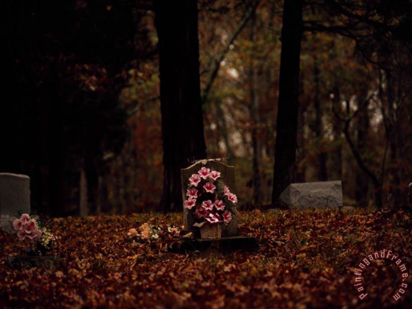 Raymond Gehman Flowers at a Tombstone in a Cemetery Near a Forest Art Painting