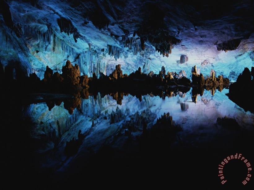 Raymond Gehman Inside Reed Flute Cave Illuminated in Blue Light Art Print