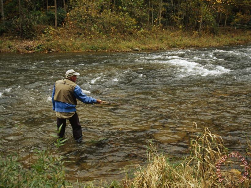 Man Fly Fishing in a Swift Moving River painting - Raymond Gehman Man Fly Fishing in a Swift Moving River Art Print