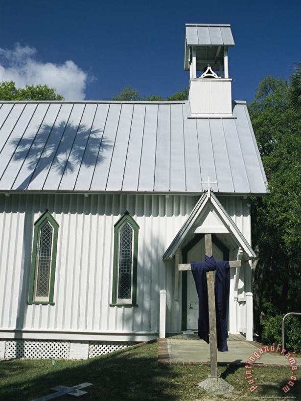 Raymond Gehman Palm Tree Casts a Shadow Onto The Tin Roof of an Old Church Art Painting