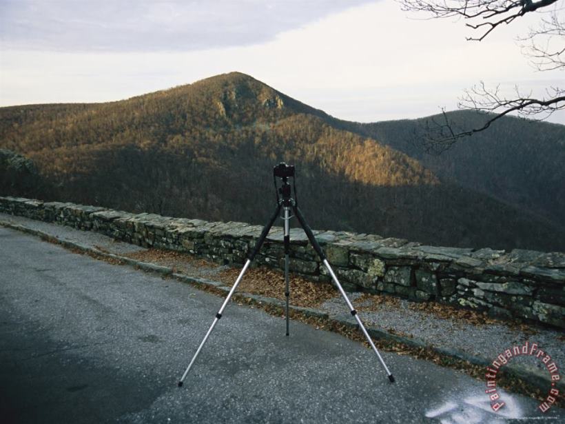 Raymond Gehman Photographers Camera And Tripod at Crescent Rock Overlook Hawksbill Mountain Beyond Art Print