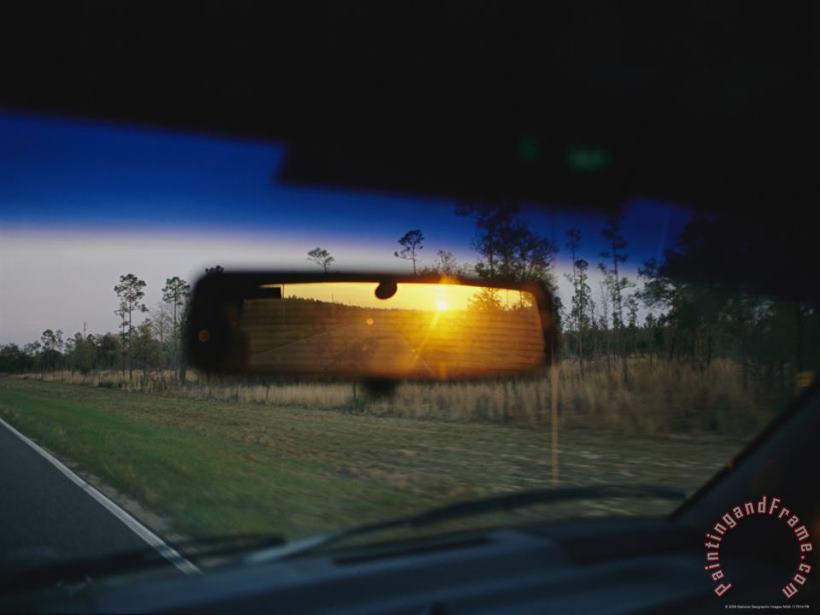 Raymond Gehman Sunrise Appears in a Drivers Rear View Mirror Art Painting