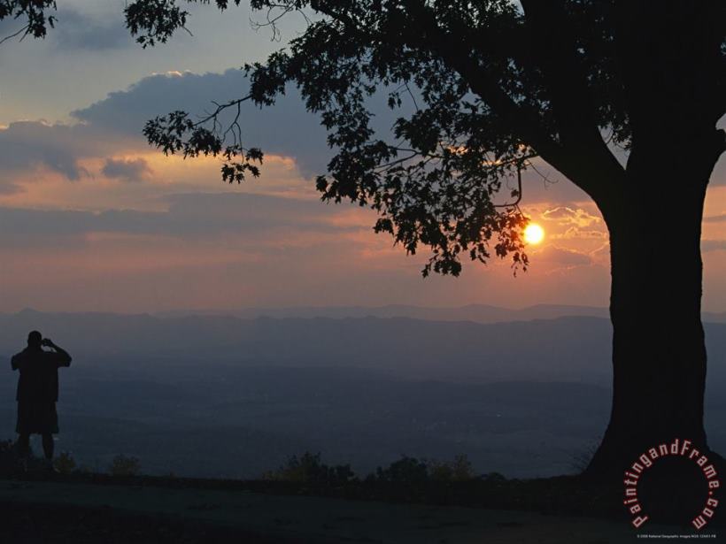 Sunset And Silhouetted Oak And Person Over The Shenandoah Valley Dickeys Ridge Visitors Center painting - Raymond Gehman Sunset And Silhouetted Oak And Person Over The Shenandoah Valley Dickeys Ridge Visitors Center Art Print