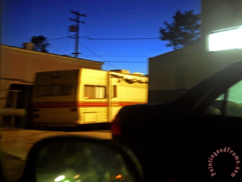 Raymond Gehman Trailer And Cars Parked Behind a Gas Station at Twilight Art Print