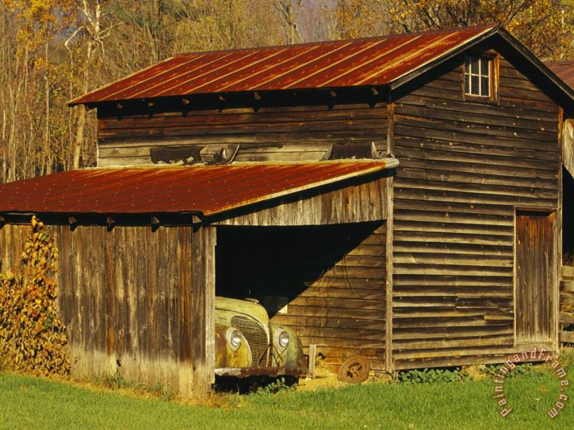 Vintage Automobile Is Parked in a Barn painting - Raymond Gehman Vintage Automobile Is Parked in a Barn Art Print