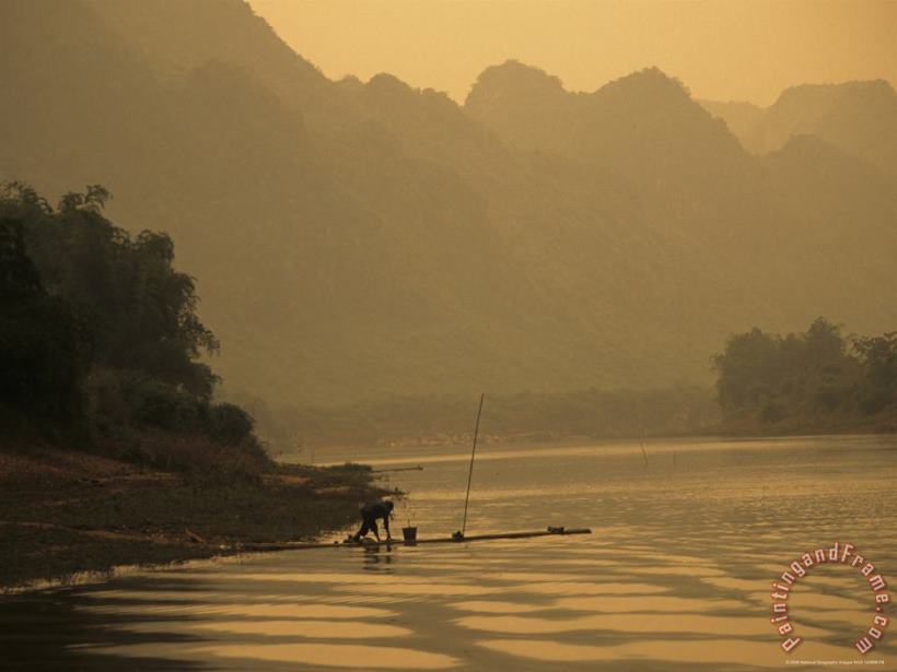 Raymond Gehman Woman Fishes Along The Mingjiang River at Sunset Art Print