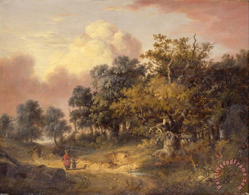 Robert Ladbrooke Wooded Landscape with Woman And Child Walking Down a Road Art Print