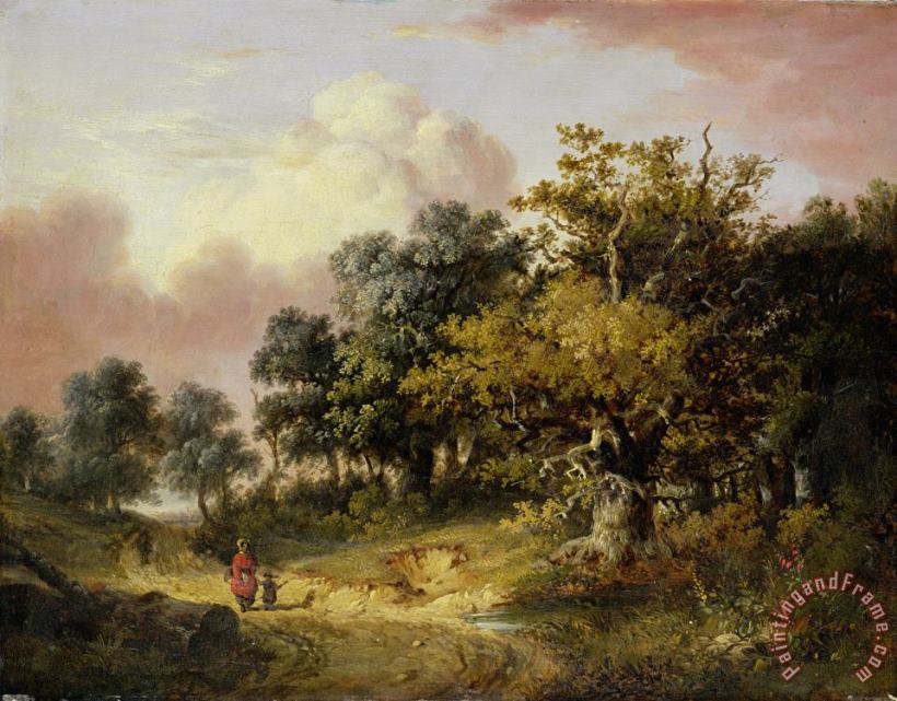 Robert Ladbrooke Wooded Landscape with Woman and Child Walking Down a Road Art Print